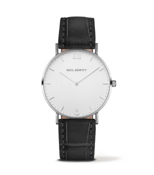 Елегантен сребрист часовник с черна кожена каишка снимка