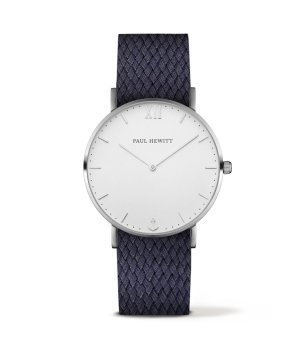 Сребрист часовник с аналогов дисплей и тъмносиня каишка снимка