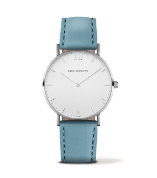 Сребрист часовник с кожена каишка в светлосиньо снимка