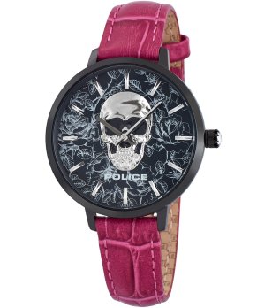Дамски часовник в черно с череп и цикламена каишка снимка