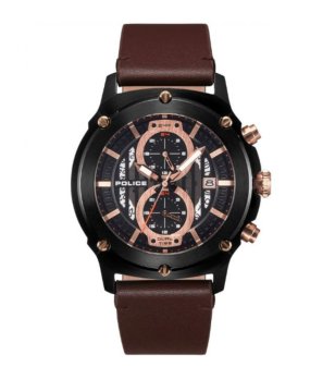 Аналогов мъжки часовник в черно с кафява кожена каишка снимка