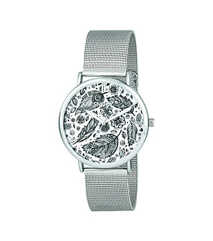 Сребрист кварцов часовник с принт при циферблаата снимка