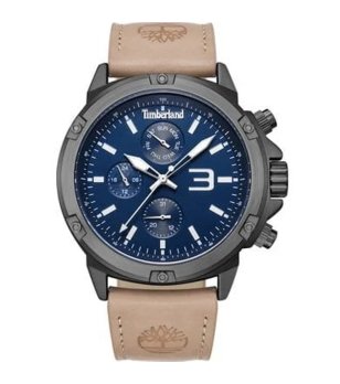 Мъжки аналогов часовник  в графиъ и синьо с бежова каишка  снимка