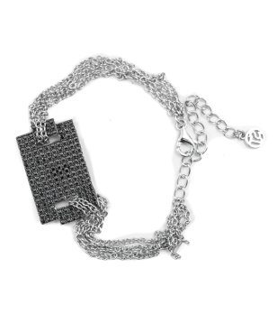 Дамска сребриста гривна с плочка с черни кристали снимка