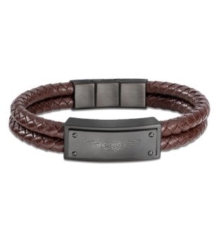 Мъжка кафява кожена гривна с елементи в цвят графит снимка