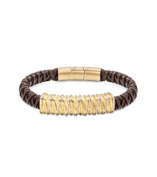Мъжка гривна с кафява кожена плетеница и златисти детайли снимка