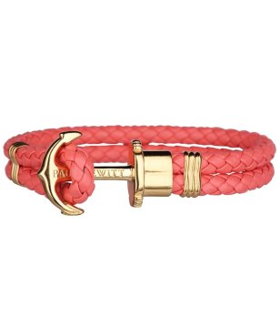 Кожена гривна в цвят корал с плетеница и златиста котва размер XXL снимка