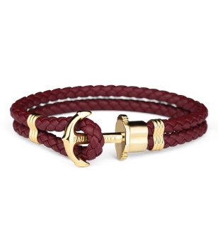 Кожена гривна в бордо с плетеница и златиста котва размер XS снимка