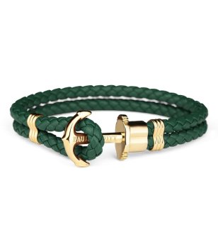 Кожена гривна в тъмнозелено с плетеница и златиста котва размер XS снимка