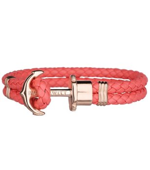 Кожена гривна в корал с плетеница и розовозлатиста котва размер S снимка