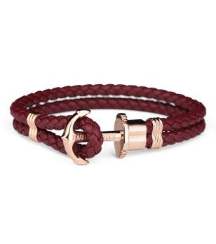 Кожена гривна в бордо с плетеница и розовозлатиста котва размер XXXL снимка