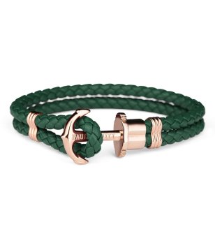 Кожена гривна в тъмнозелено с плетеница и розовозлатиста котва размер М снимка