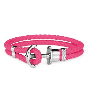 Кожена гривна в циклама с плетеница и сребриста котва размер XL снимка