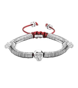 Мъжка сребриста гривна с черепи и червен шнур снимка