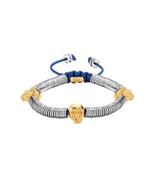 Мъжка гривна в сребристо със златисти черепи и син шнур снимка