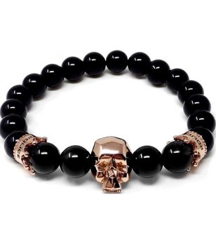 Мъжка гривна с черни мъниста и розовозлатист череп снимка