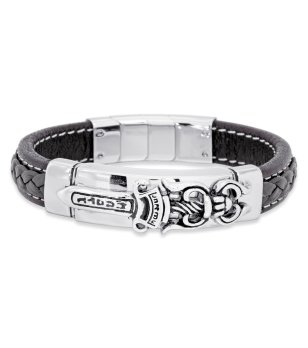 Мъжка кожена черна гривна  гривна с декорация в сребристо  снимка