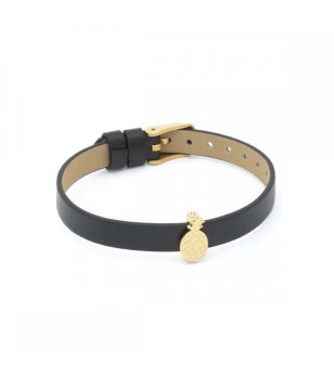 Дамска черна кожена гривна с ананас в златисто снимка