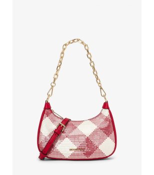 Чанта на каре в червено и бяло с верижна дръжка снимка