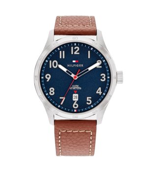 Мъжки аналогов часовник в сребристо и синьо с кафява кожена каишка снимка