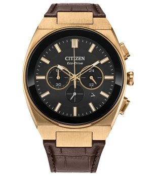 Мъжки соларен часовник в златисто и черно с кафява кожена каишка снимка