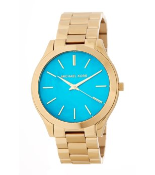 Дамски златист часовник с аналогов дисплей в светлосиньо снимка