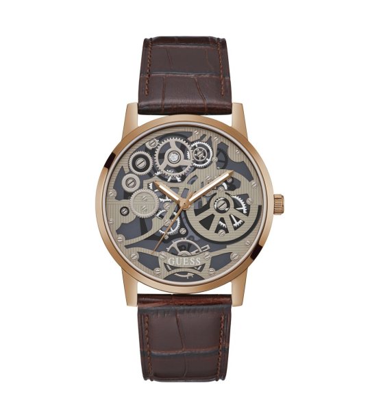 Мъжки аналогов часовник скелетон с кафява кожена каишка снимка