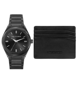 Мъжки аналогов часовник в черно с аксесоар за карти снимка