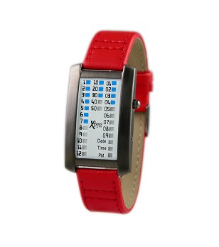 Кварцов бинеарен часовник в цвят графит с червена каишка снимка