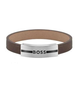 Мъжка кафява кожена гривна с метална плочка с лого снимка