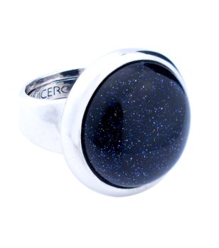 Елегантен дамски сребрист пръстен с тъмносин камък снимка