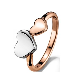 Дамски пръстен в розовозлатисто и сребристо със сърца снимка