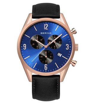 Мъжки часовник хронограф  със син циферблат и черна кожена каишка снимка