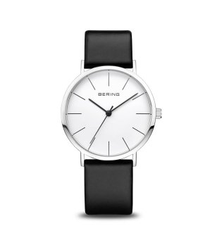 Дамски сребрист кварцов часовник с бял циферблат и черна кожена каишка снимка