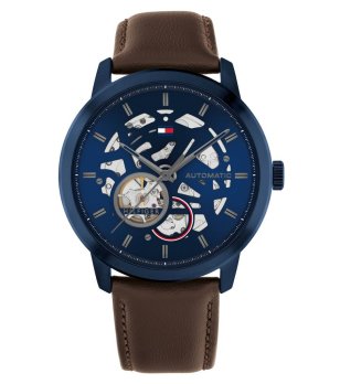 Автоматичен мъжки тъмносин часовник с кафява кожена каишка снимка