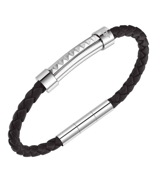 Мъжка кожена гривна в черно със сребристи детайли снимка