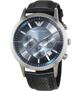 Мъжки часовник хронограф в сребристо и синьо с черна каишка снимка