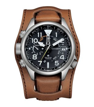 Мъжки часовник в сребристо с широка кафява кожена каишка Eco Drive снимка