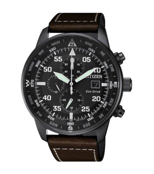 Мъжки часовник хронограф в черно с кафява кожена каишка снимка