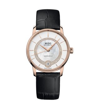 Дамски автоматичен часовник в златисто с черна кожена каишка снимка