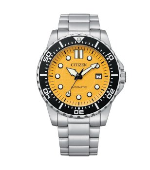 Аналогов автоматичен часовник в сребристо, черно и жълто снимка