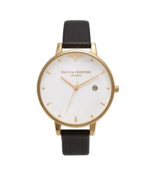 Дамски кварцов часовник в златисто с черна кожена каишка снимка