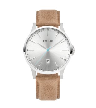 Мъжки сребрист класически часовник с кафява кожена каишка снимка