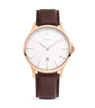 Класически мъжки часовник в розовозлатисто с кафява кожена каишка снимка