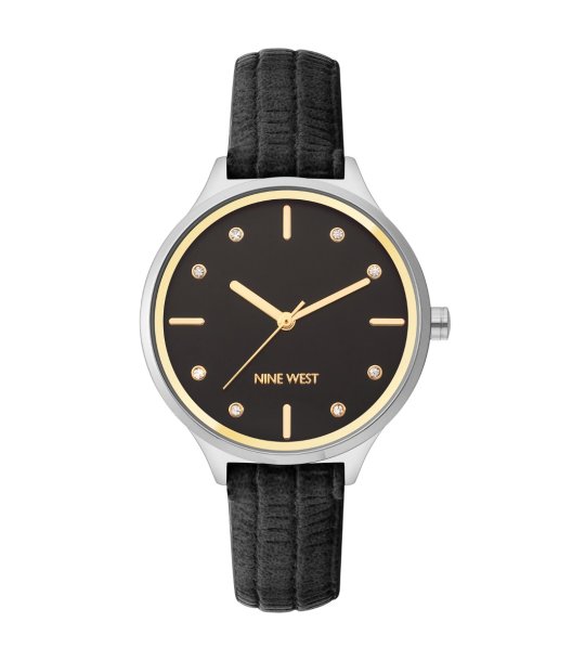 Дамски аналогов часовник в сребристо с черна каишка снимка