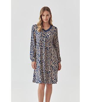 Рокля в тъмносиньо и бежово с фигурален принт Nermati снимка