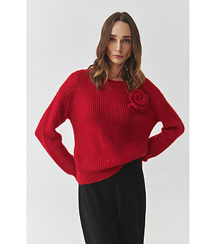 Дамски пуловер Claire в червено с цвете снимка