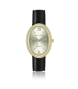 Златист дамски овален часовник с черна кожена каишка Créma снимка