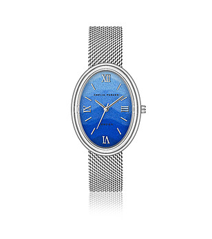 Сребрист овален дамски часовник със син циферблат Shell снимка