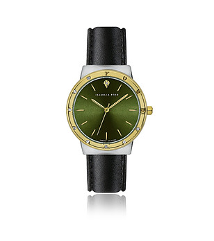 Дамски часовник с черна кожена каишка и зелен циферблат Olympe снимка